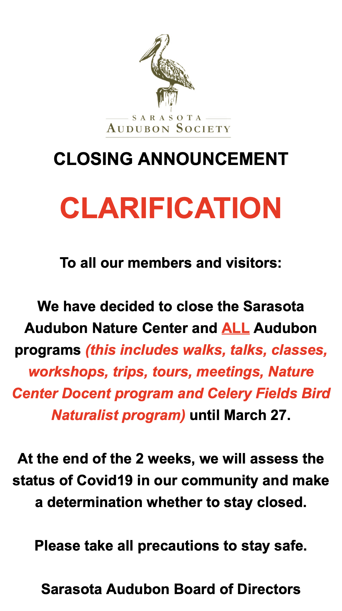 Announcement stating that the Audubon society will be closed through March 27th 2020